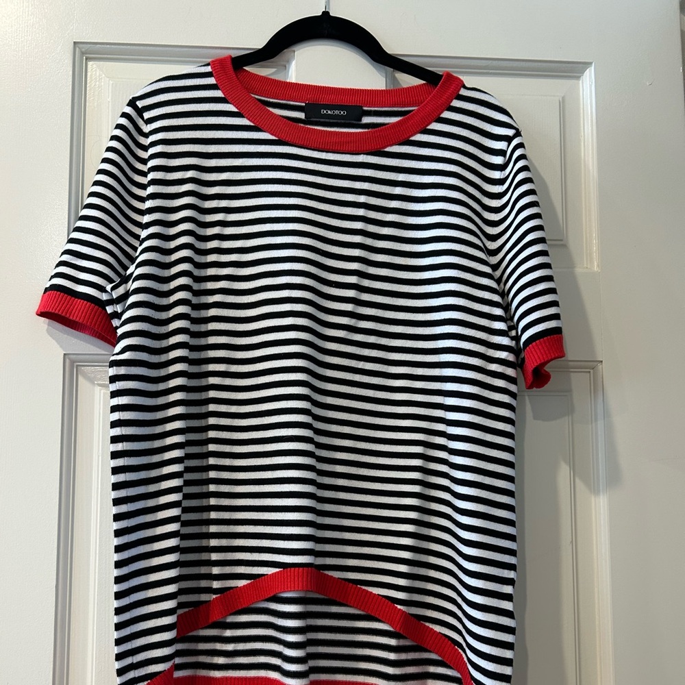 Striped Knit Lightweight Sweater with Red Trim worn once